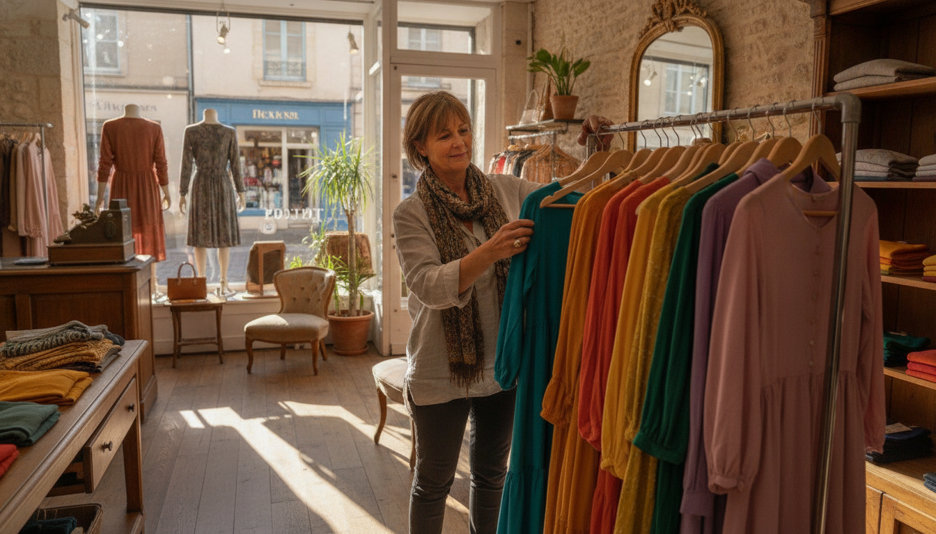 Boutique clothing store owner arranging a new collection near the shop window on a quiet afternoon
