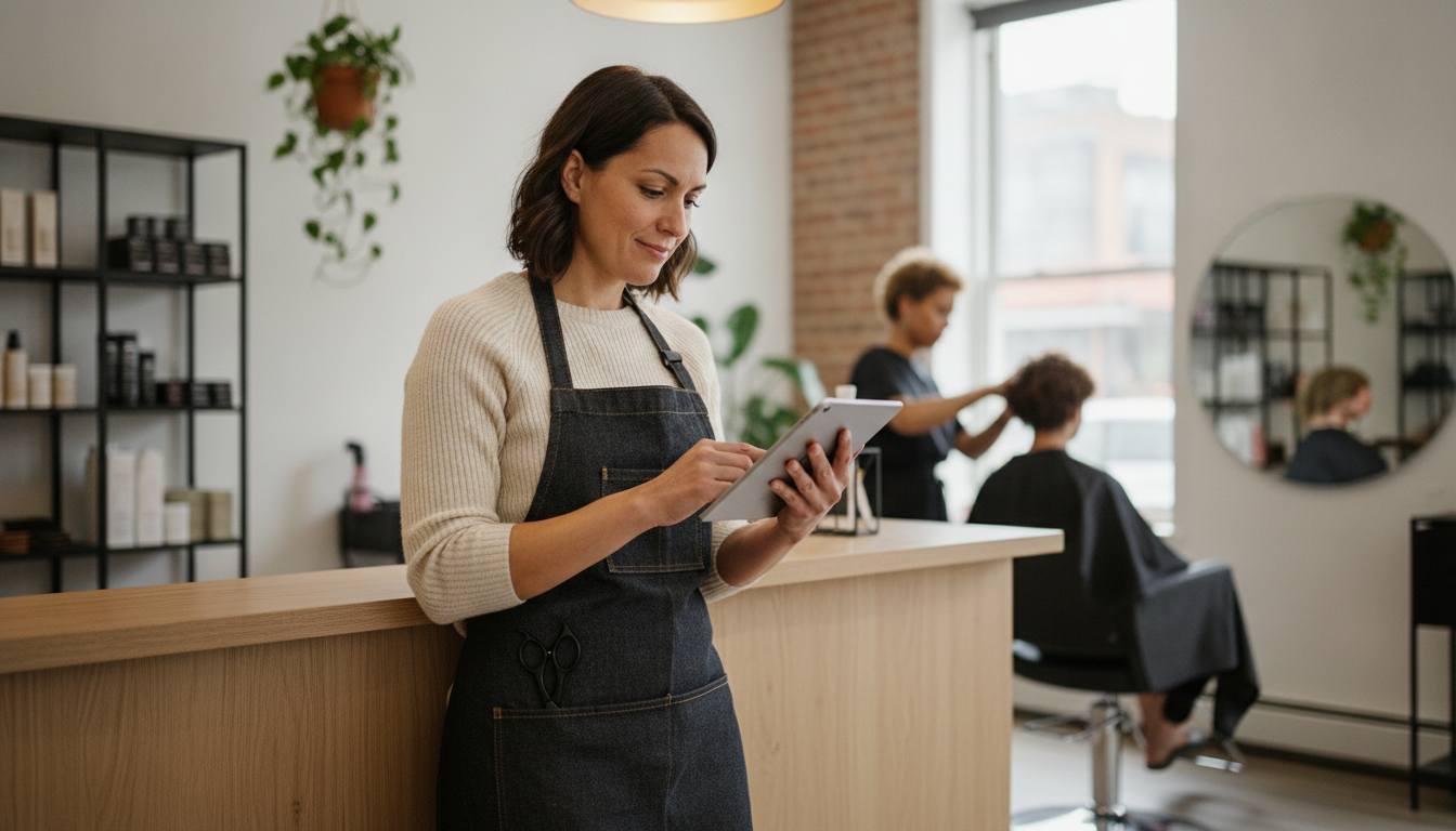 Hair salon owner reviewing her content schedule on a tablet at the reception desk