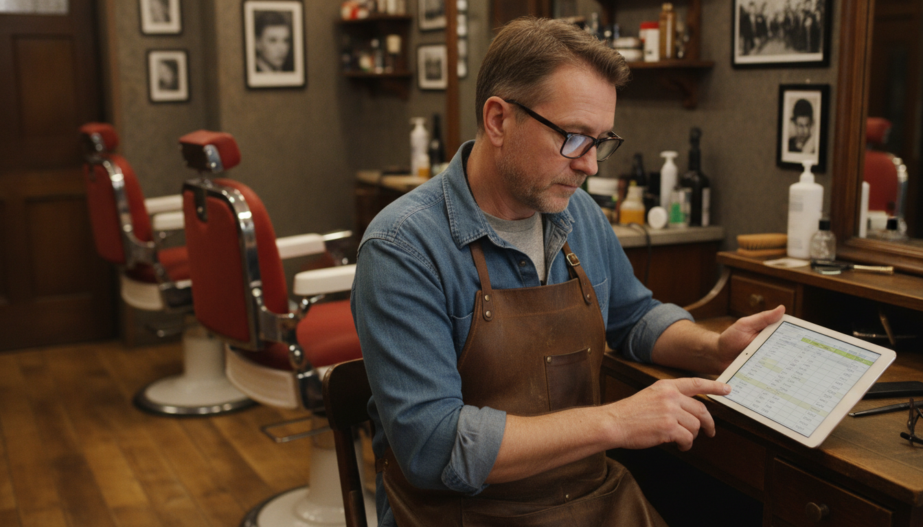 A barbershop owner reviewing customer visit data on a tablet between appointments