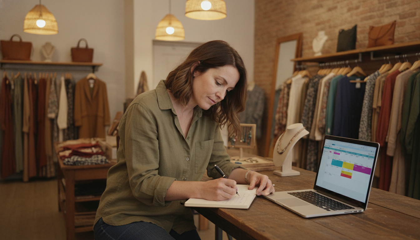 Boutique clothing store owner planning content strategy at her shop counter