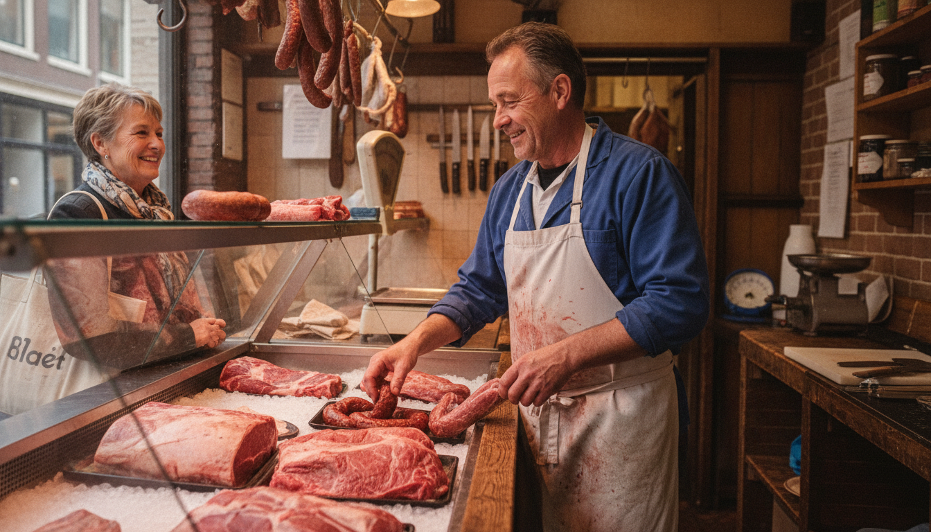 A butcher talking with a regular customer across the counter in a traditional Amsterdam butcher shop