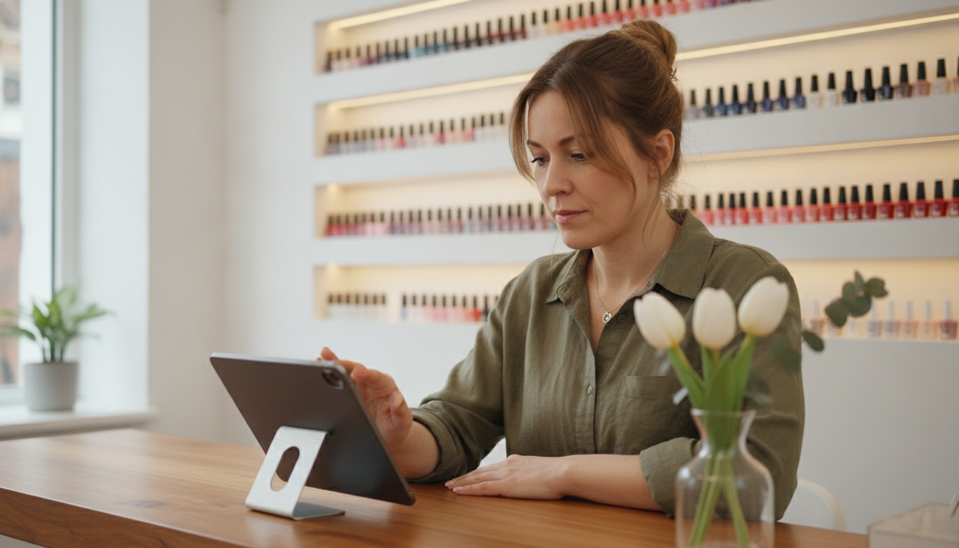 Nail salon owner reviewing her business responses at her studio reception desk