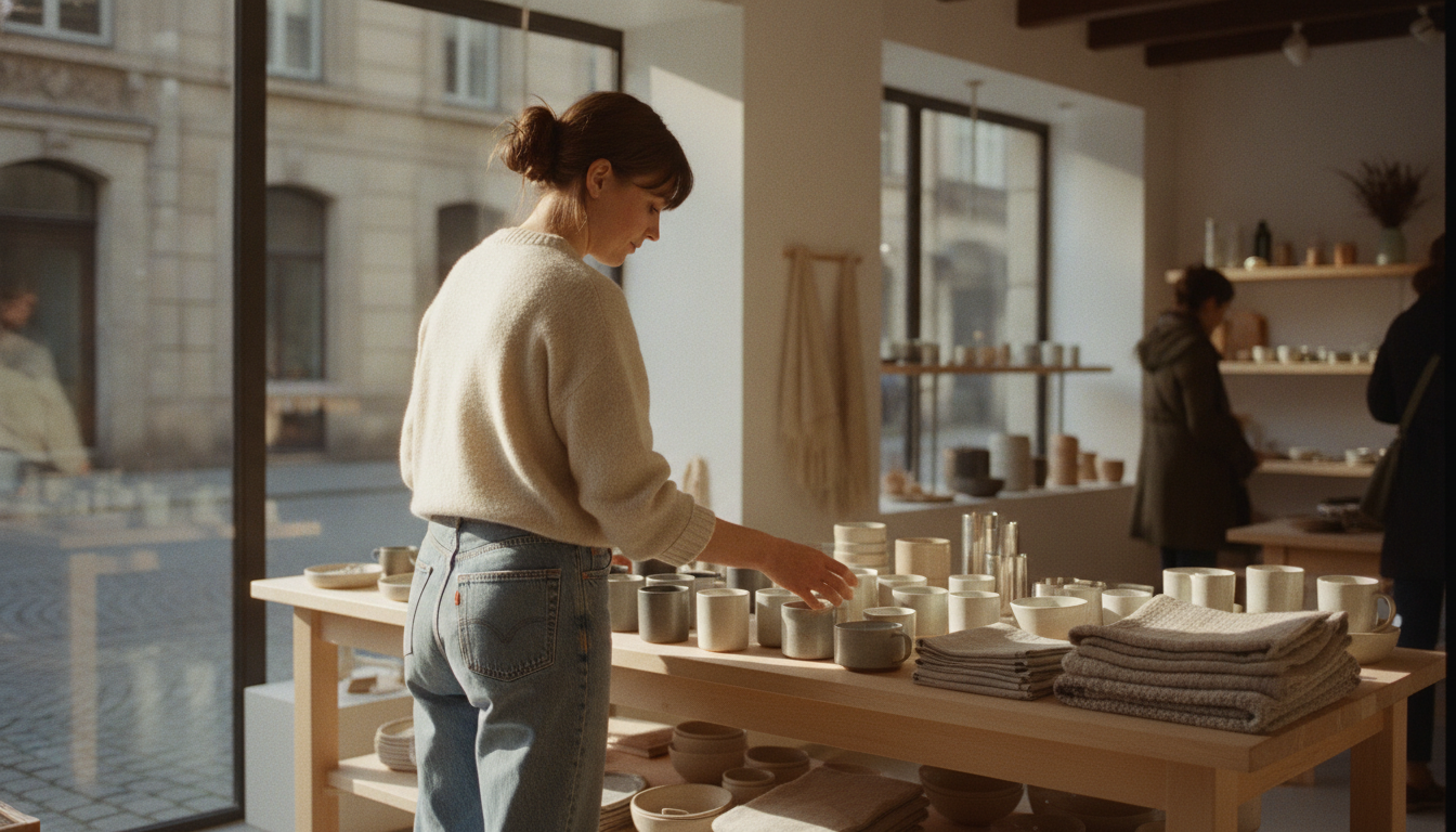 Independent homeware store owner arranging a product display pairing ceramics and textiles