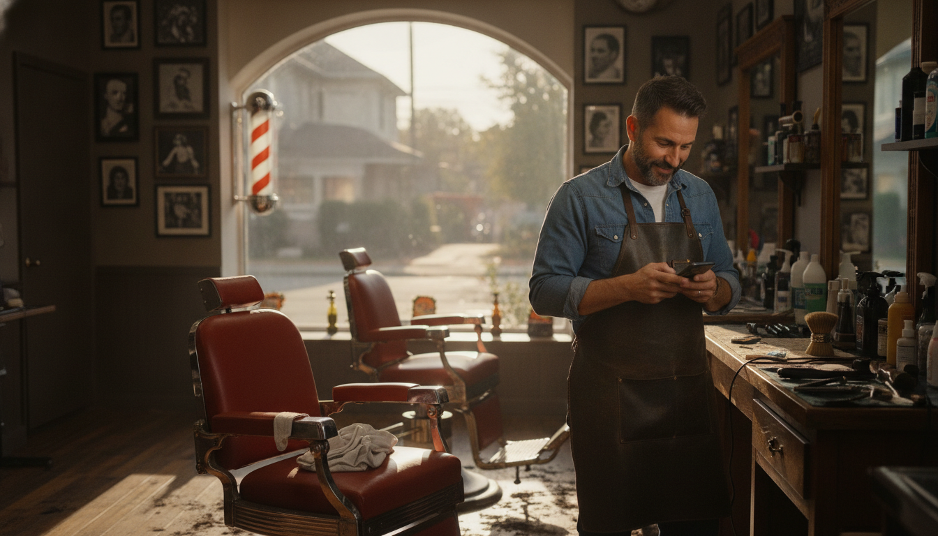 Barbershop owner reviewing content on his phone between client appointments
