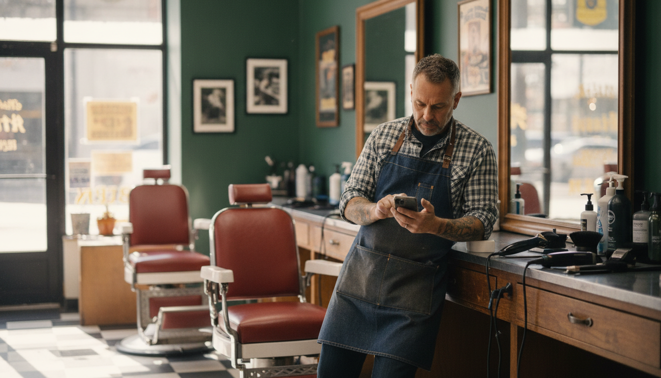 Barbershop owner checking his phone between clients, managing his weekly marketing routine