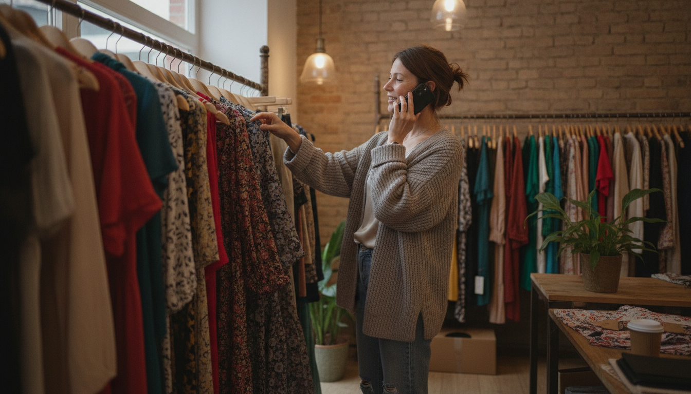 A boutique clothing store owner arranging new stock while planning social media content on her phone