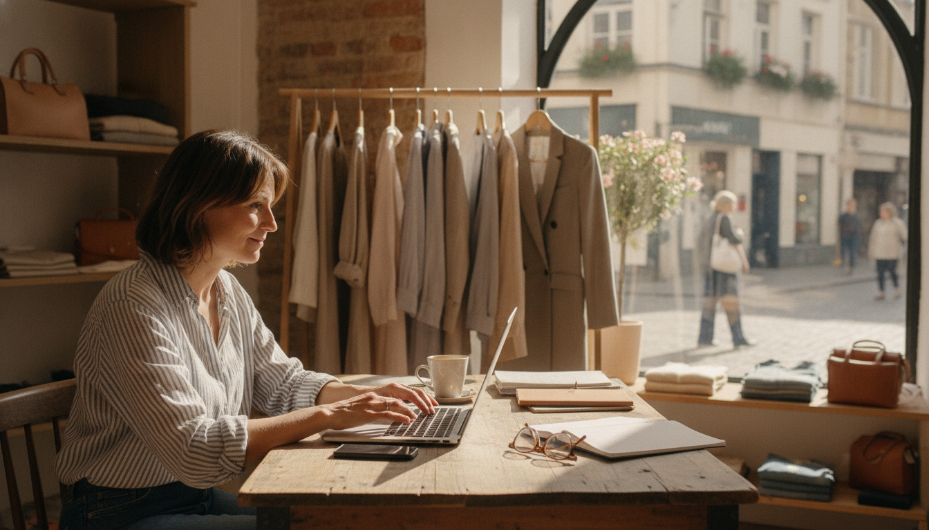 A boutique clothing store owner reviewing content on her laptop inside her shop