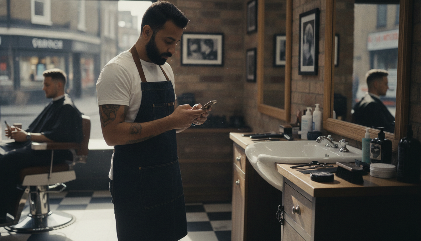 Barbershop owner reviewing social media content on his phone between client appointments