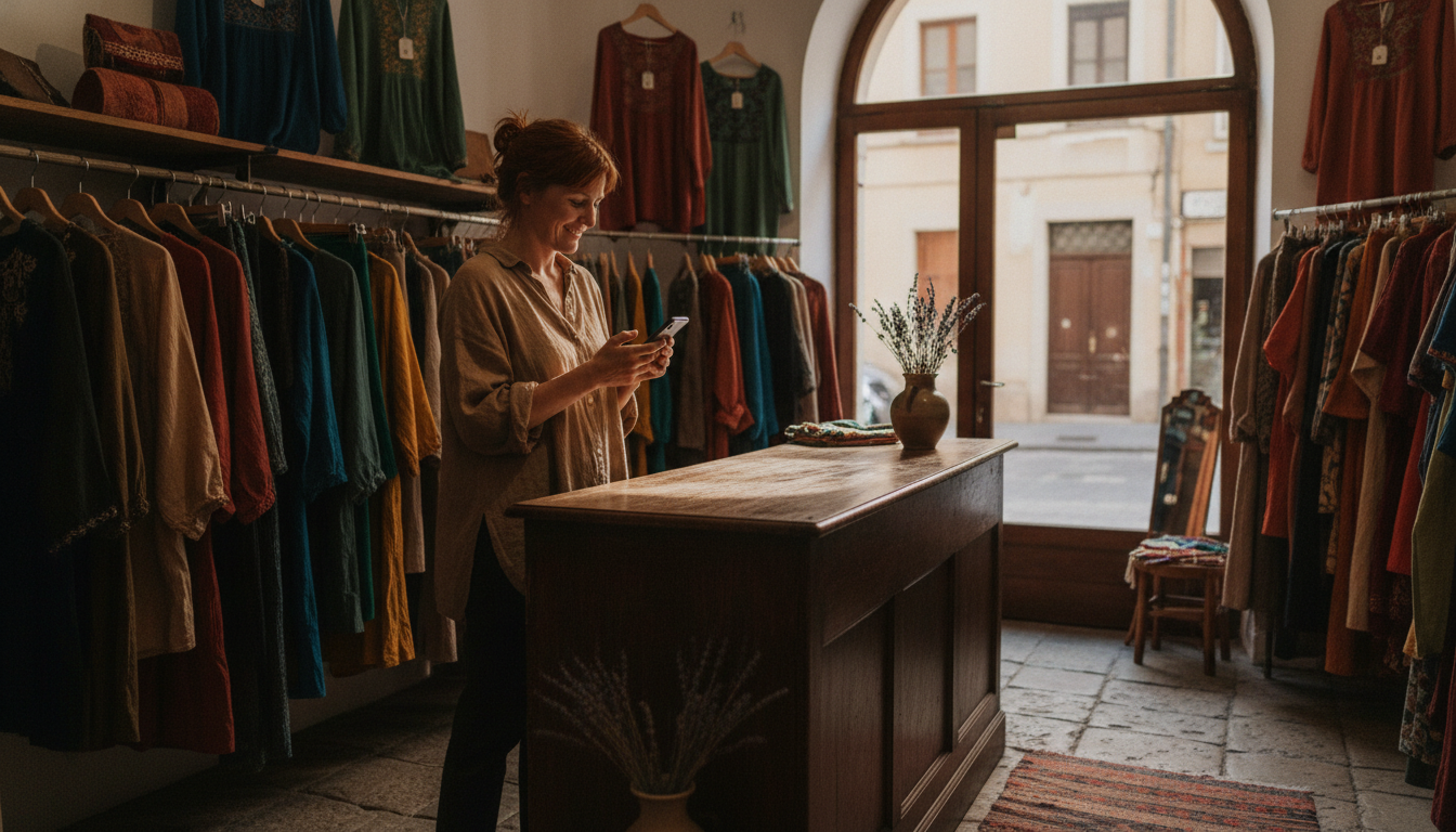 Boutique clothing store owner checking her phone at the sales counter with a relaxed, satisfied expression