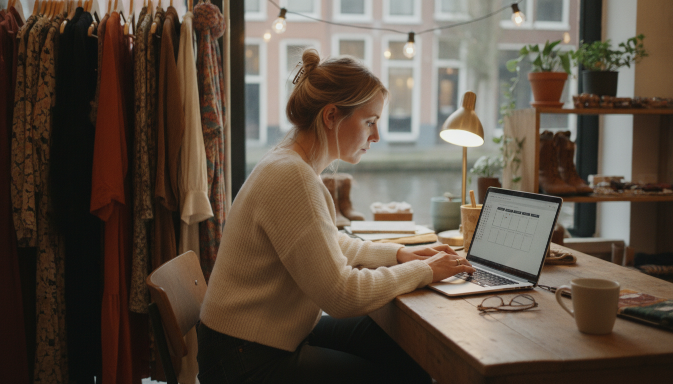 A boutique clothing store owner scheduling Google Business Profile posts on her laptop