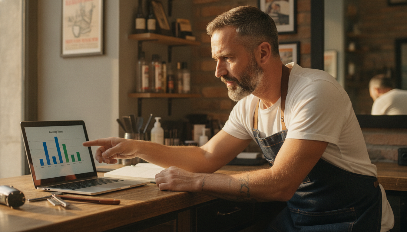 Barbershop owner reviewing booking and transaction data to identify slow periods in his weekly schedule