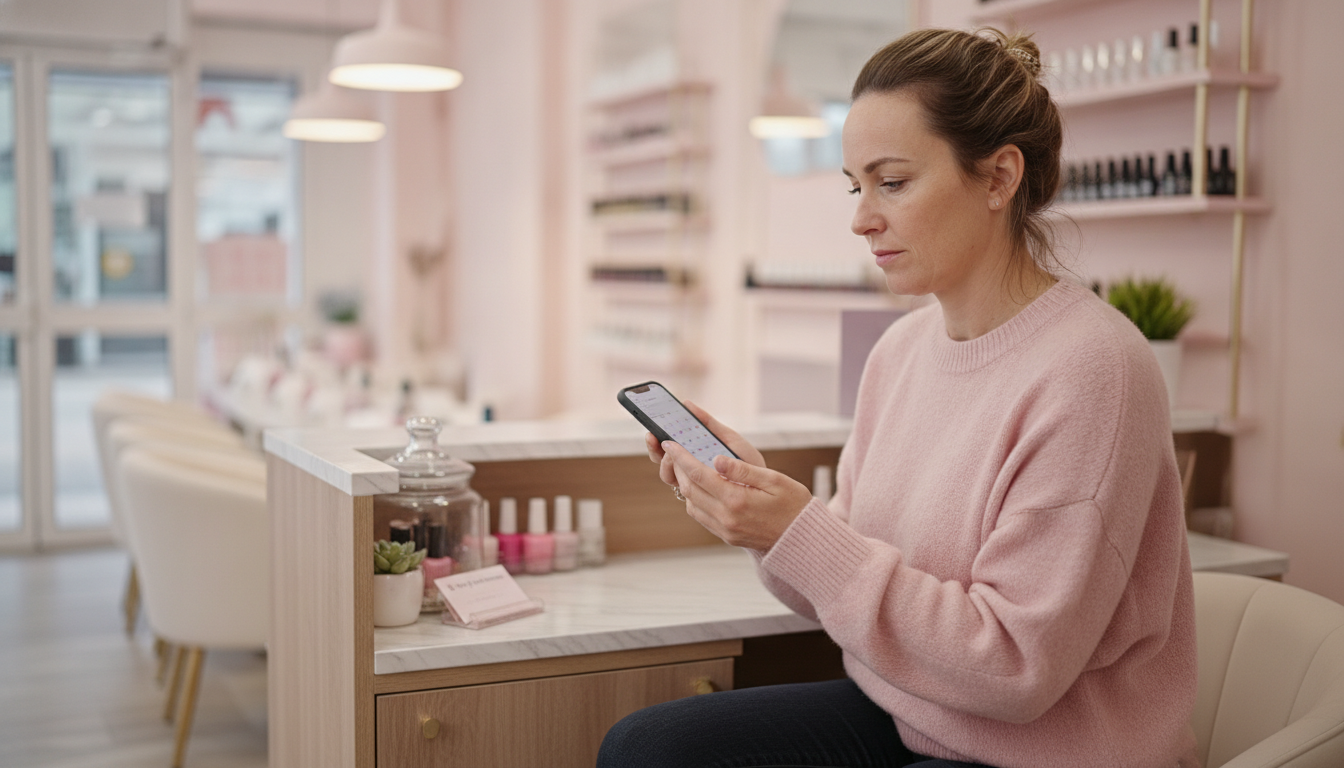 A nail salon owner reviewing her weekly content plan on her phone between appointments
