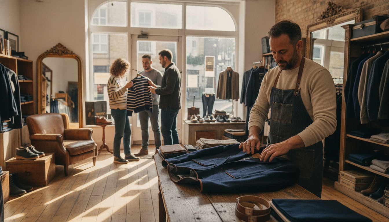 Boutique menswear shopkeeper arranging premium stock in his London store