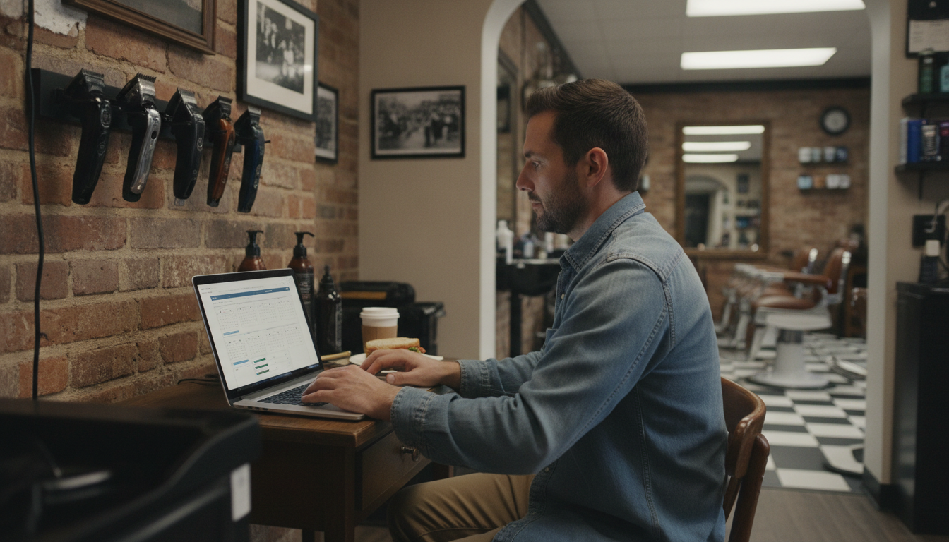 Barbershop owner scheduling a seasonal reactivation campaign on his laptop