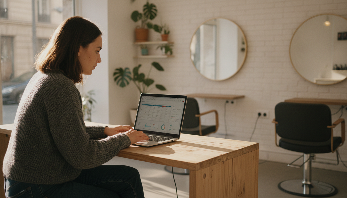 A hair salon owner reviewing customer data on her laptop at the reception desk