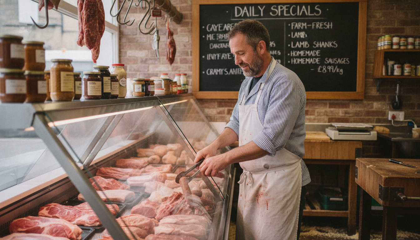 Independent butcher arranging his counter display with a handwritten promotional chalkboard behind him