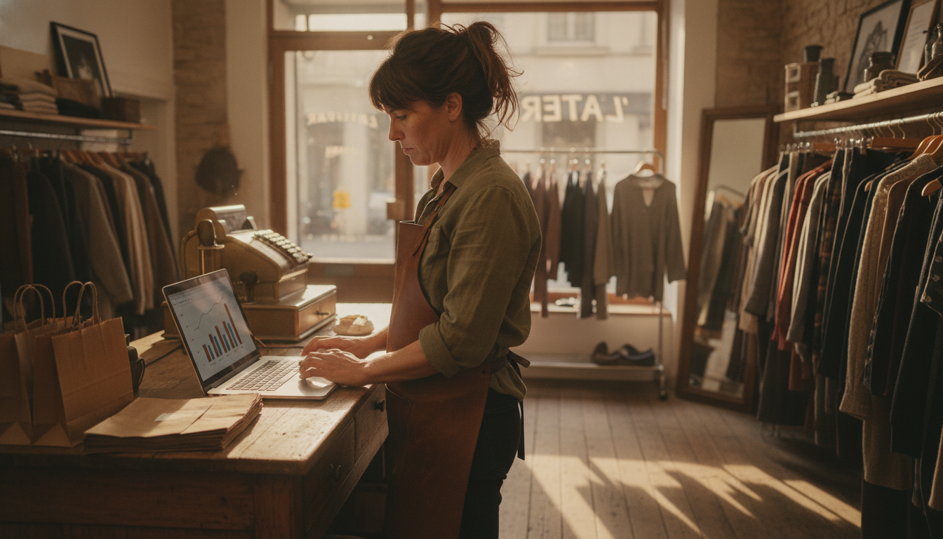 Boutique clothing store owner analysing weekly sales patterns on a laptop in her shop