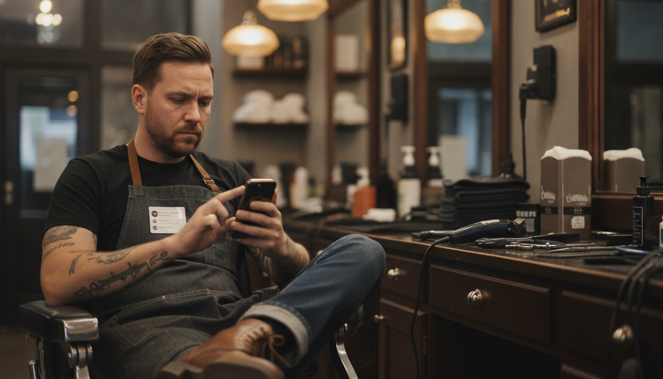 A barbershop owner reviewing his Instagram profile during a quiet moment between clients