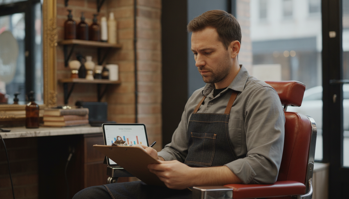 Barbershop owner reviewing customer visit data between appointments