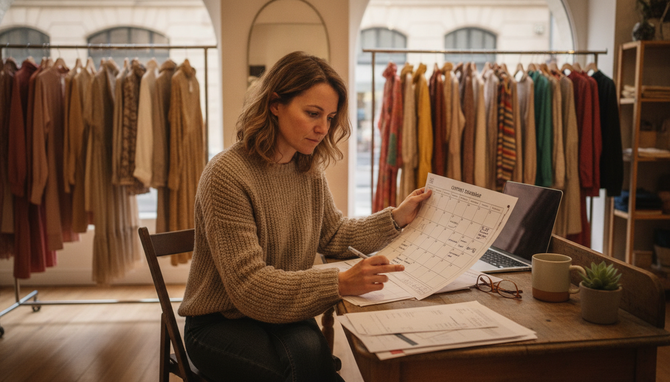Boutique owner reviewing her content and posting schedule at her desk