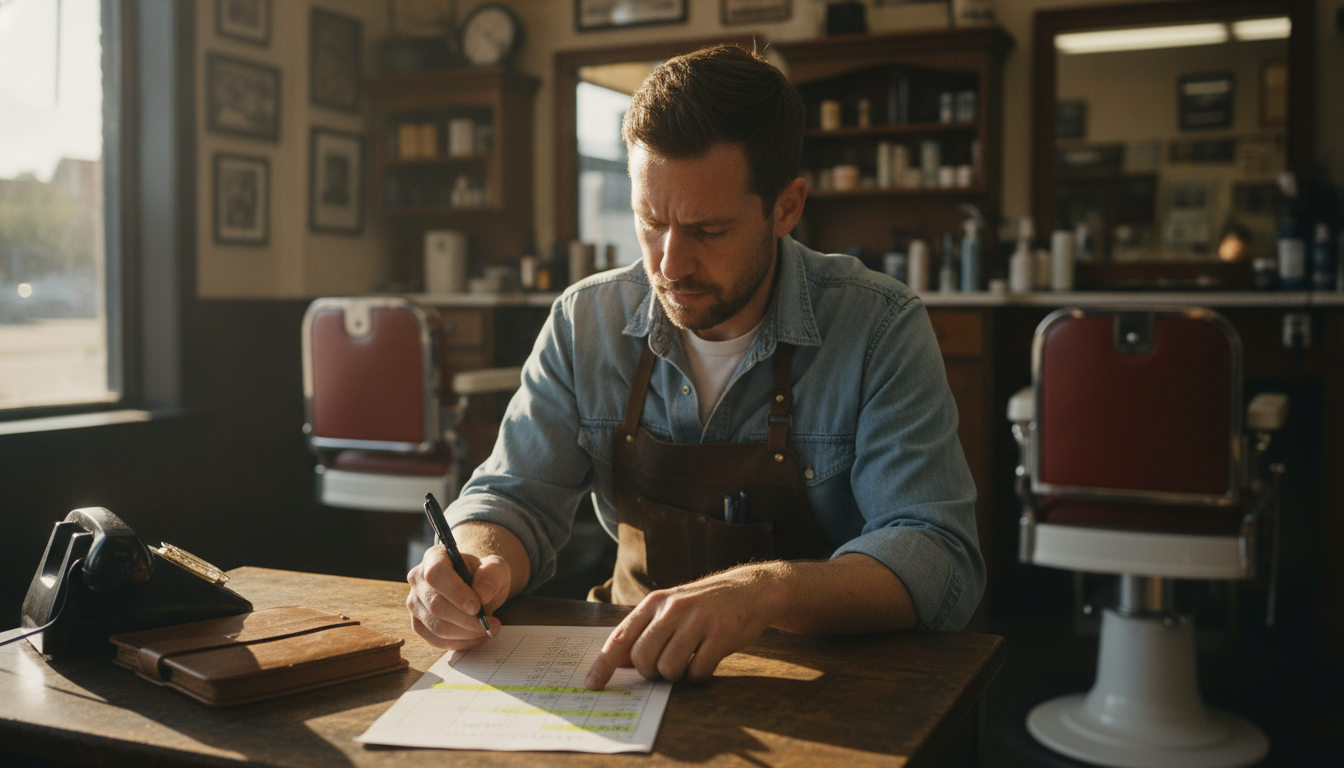 A barbershop owner reviewing customer visit data at his desk