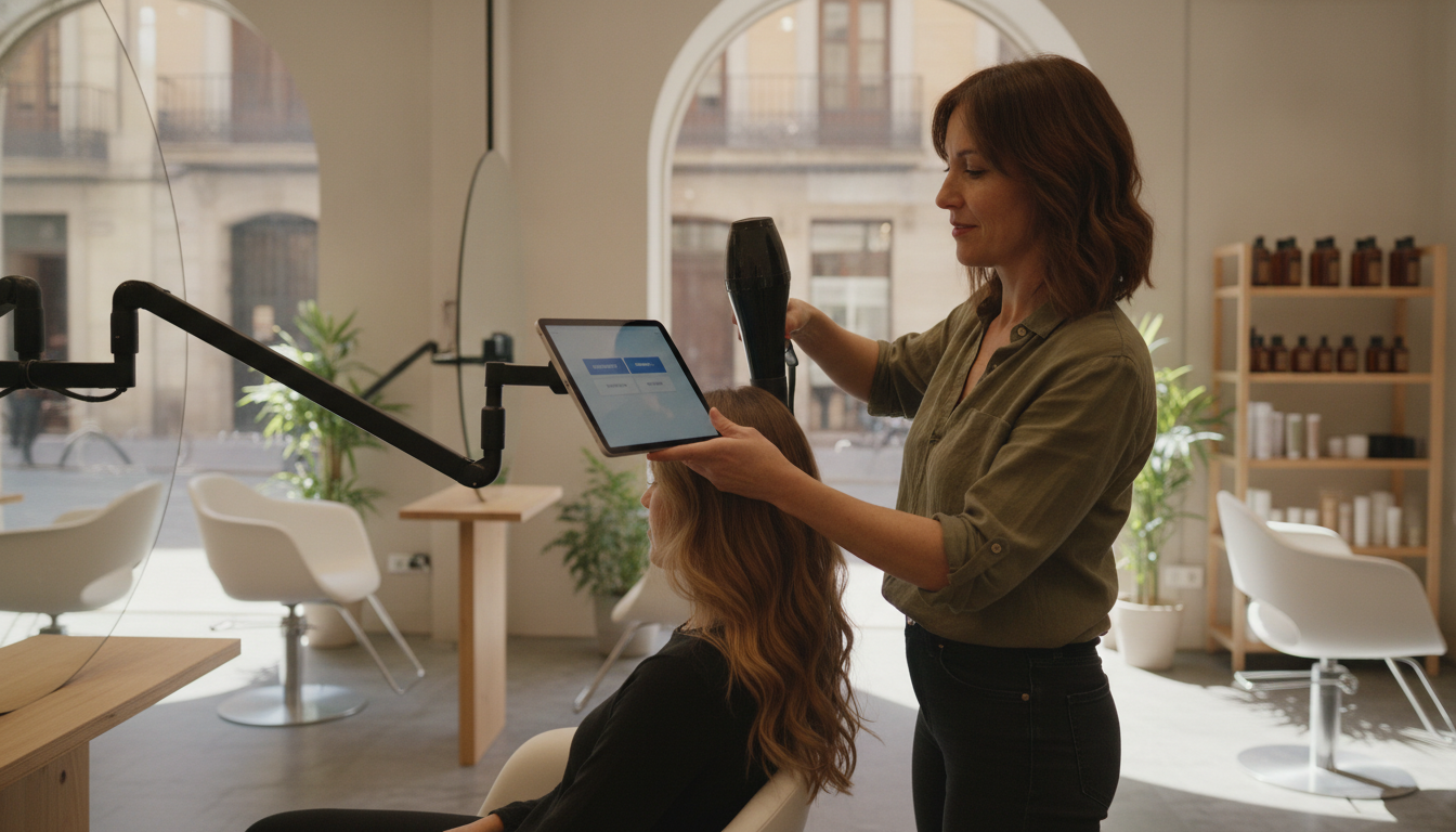 Hair salon owner multitasking with customer data visible on a tablet mounted near the styling mirror