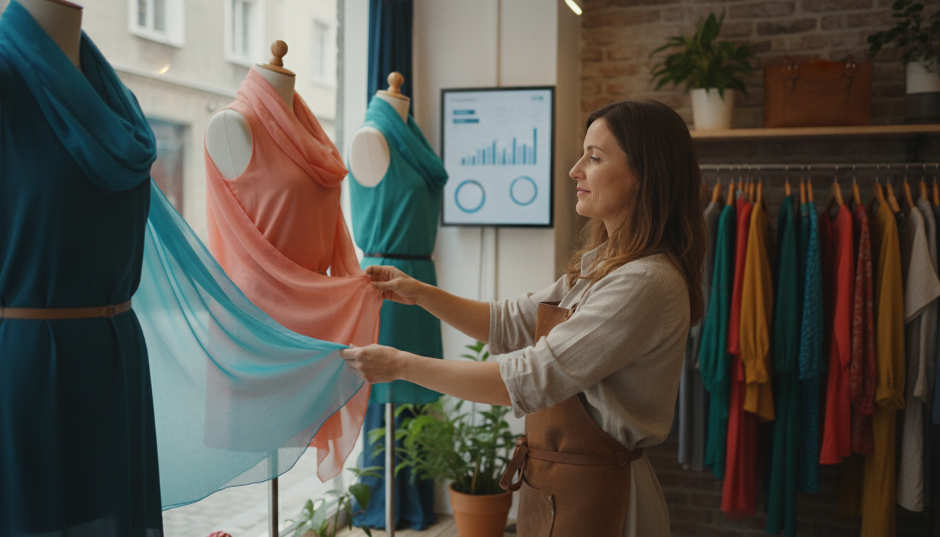 A boutique clothing store owner managing her local business presence between tasks on the shop floor