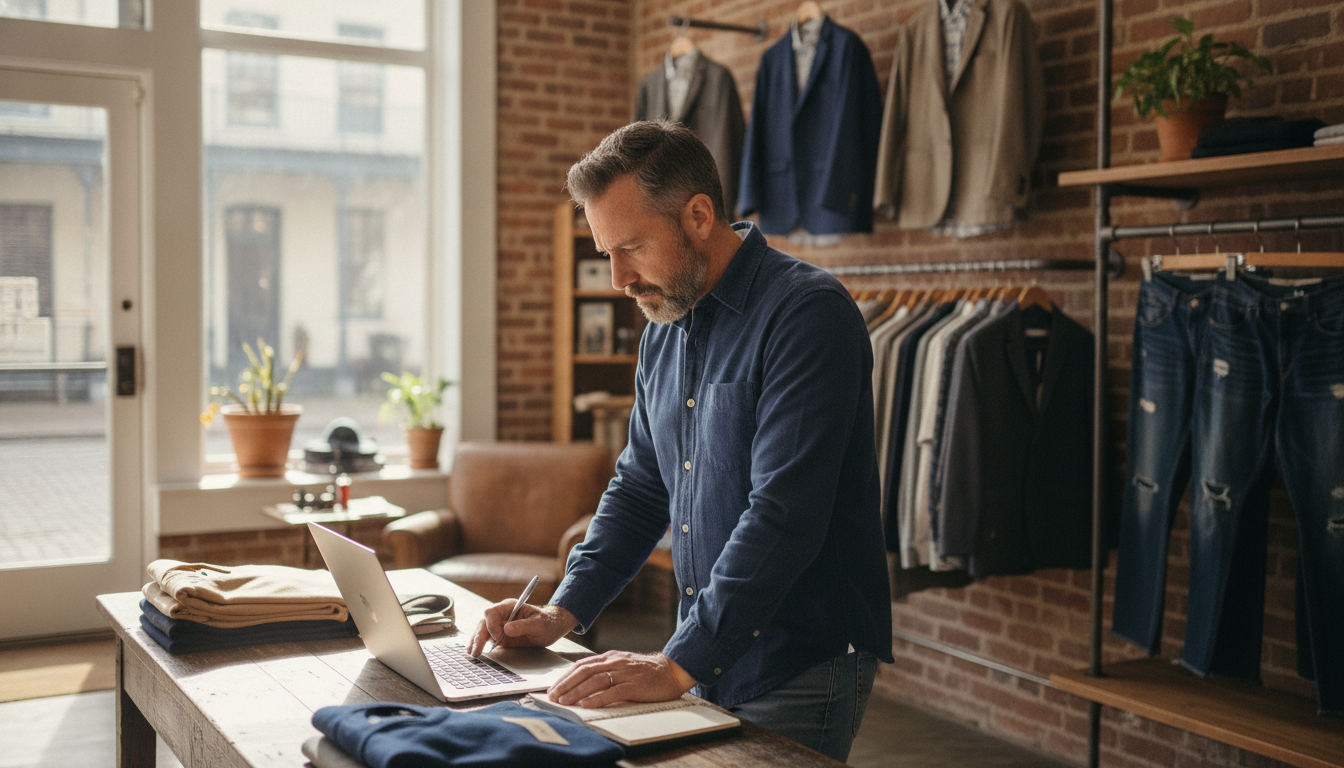 Independent clothing boutique owner reviewing customer data on a laptop behind the shop counter