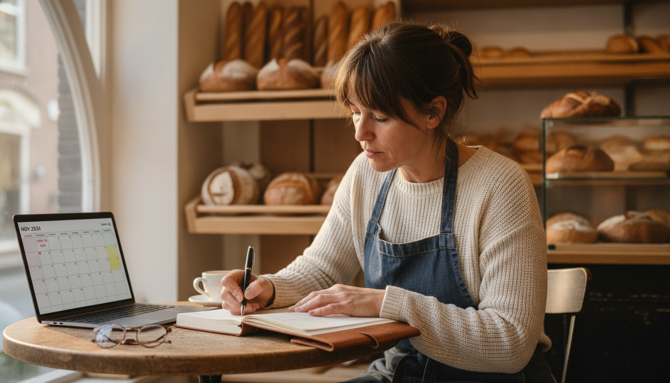 A bakery owner planning her marketing calendar at a table near the shop window
