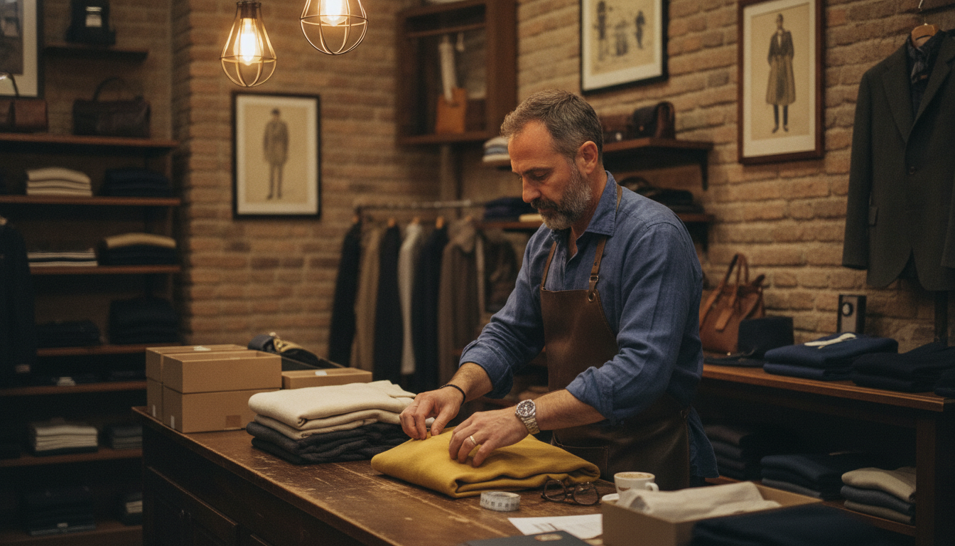 Independent menswear boutique owner arranging stock in his shop