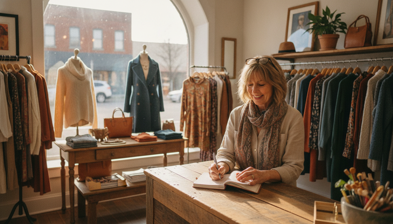 A boutique owner planning her weekly content calendar in her shop