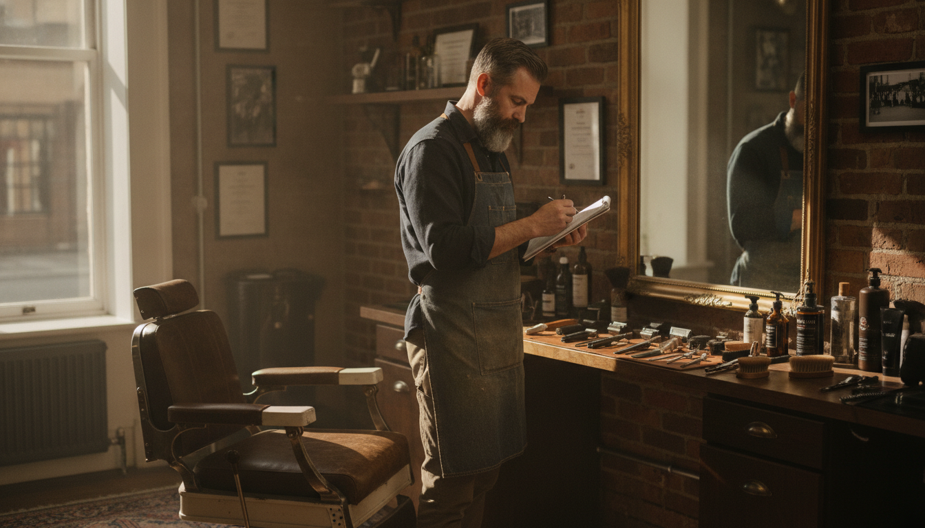 A barbershop owner reviewing his weekly content notes before opening
