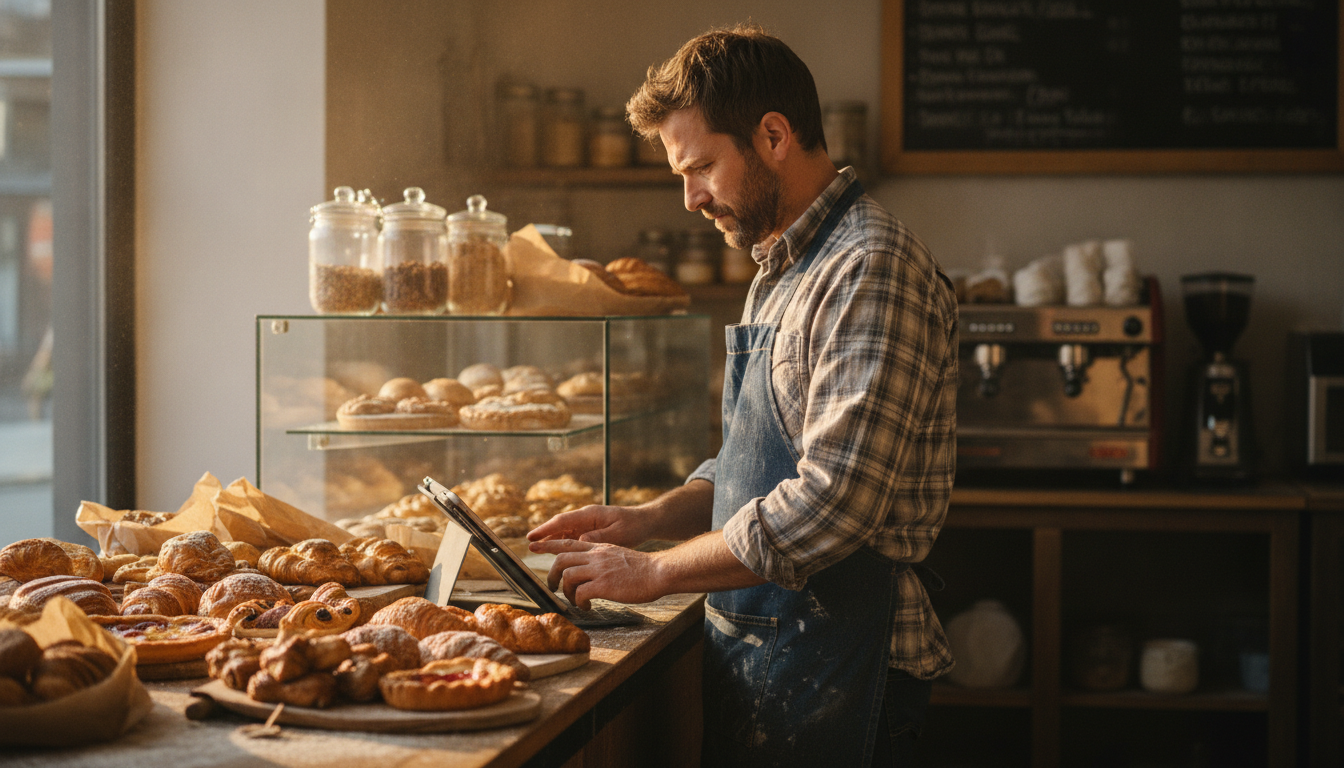 Bakery owner reviewing his Instagram profile on a tablet between morning customers