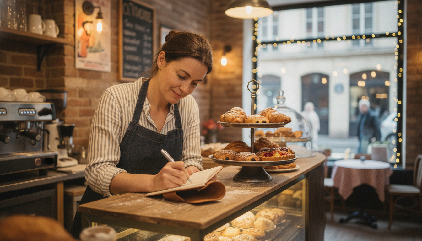 Cafe and bakery owner writing notes beside a display of fresh pastries