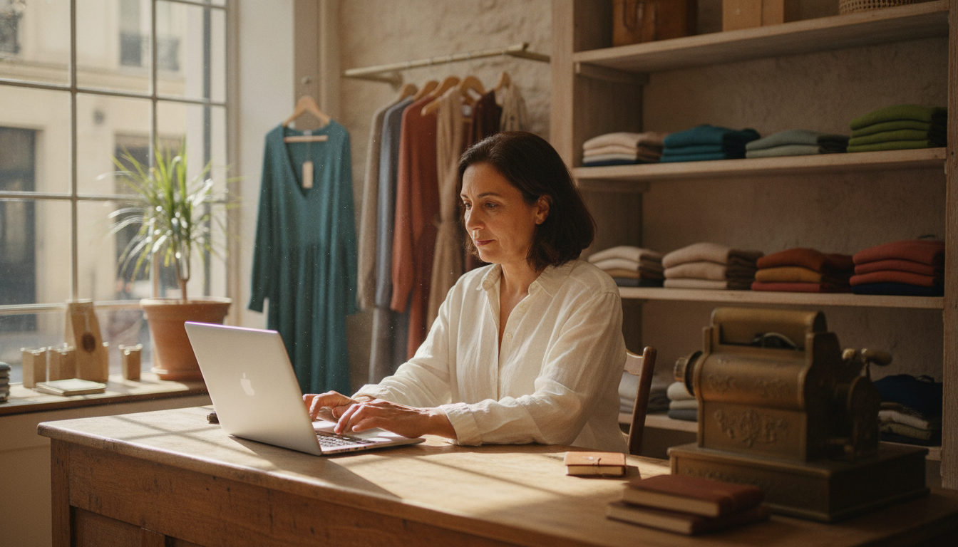 A boutique clothing store owner sets up an automated customer follow-up flow on her laptop at the checkout counter
