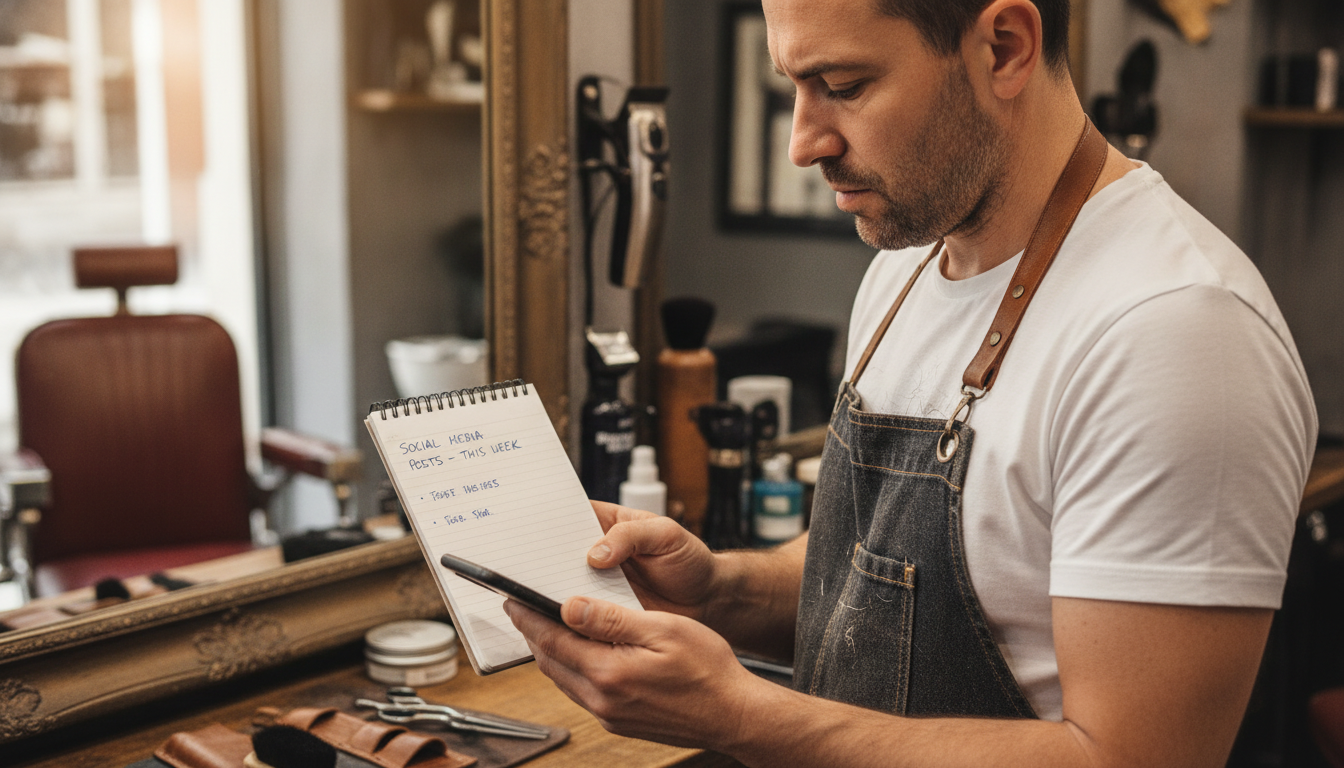 A barbershop owner reviewing his weekly content plan between clients
