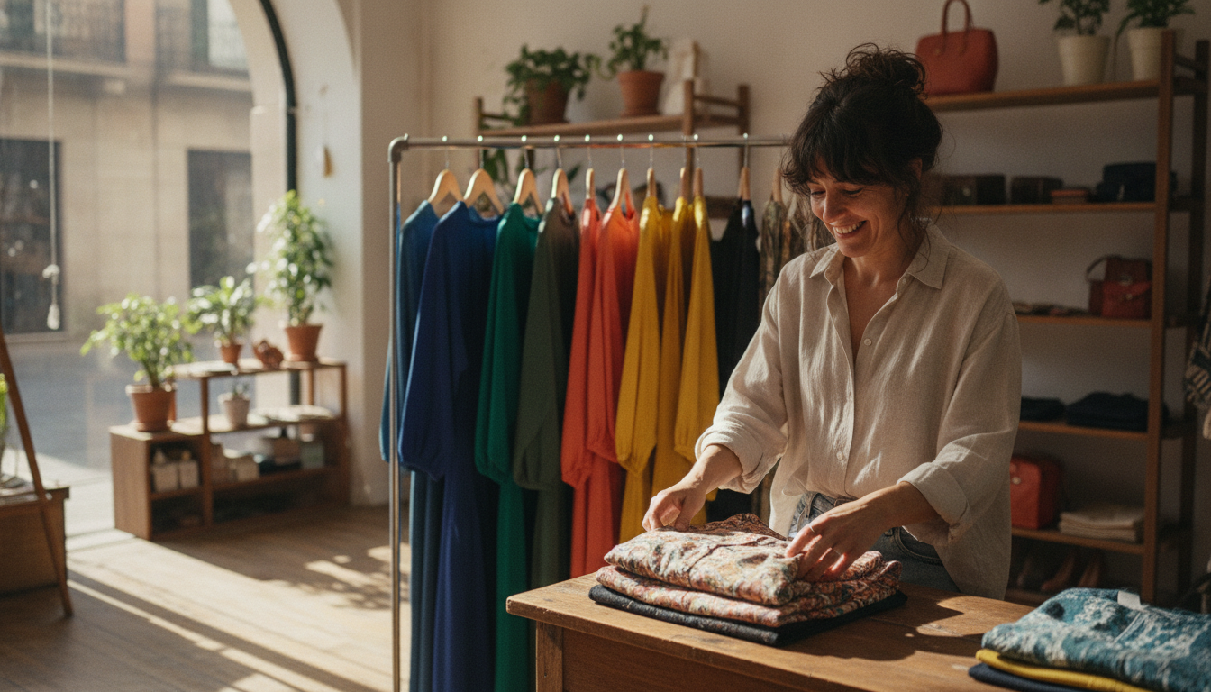 Independent boutique owner organising new stock in her Barcelona fashion shop
