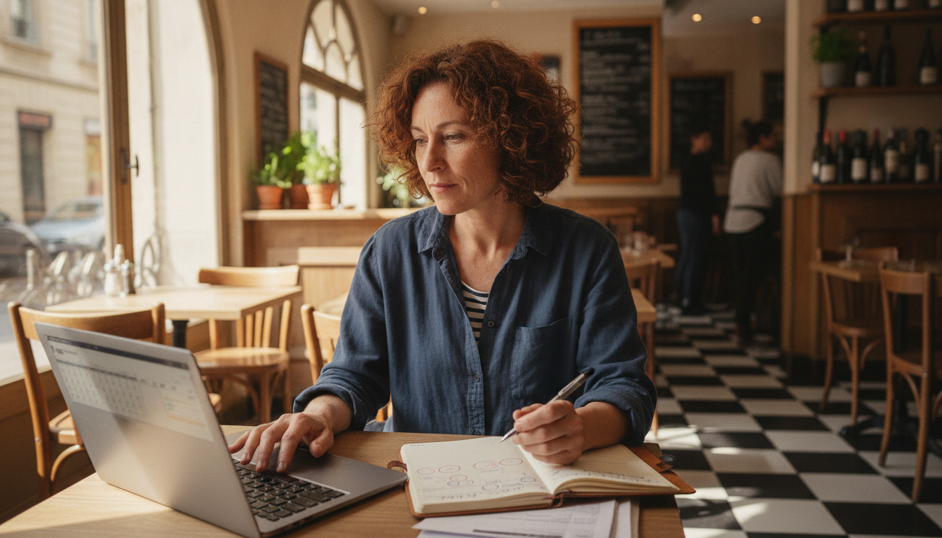 A restaurant owner planning her seasonal marketing campaign at a table in her bistro