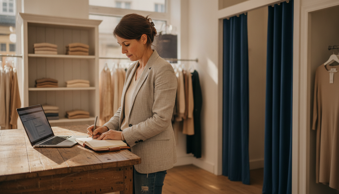 A boutique clothing store owner planning her weekly content strategy at her shop desk