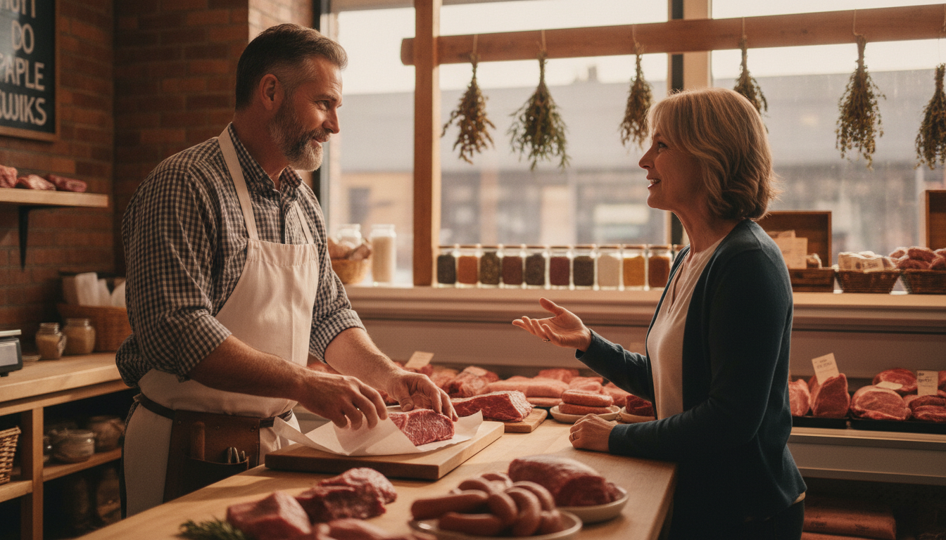 Independent butcher chatting warmly with a regular customer at the counter
