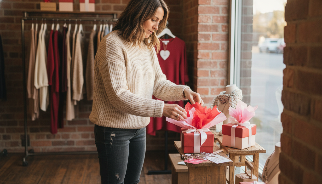 Boutique owner building a seasonal gift display in her clothing store