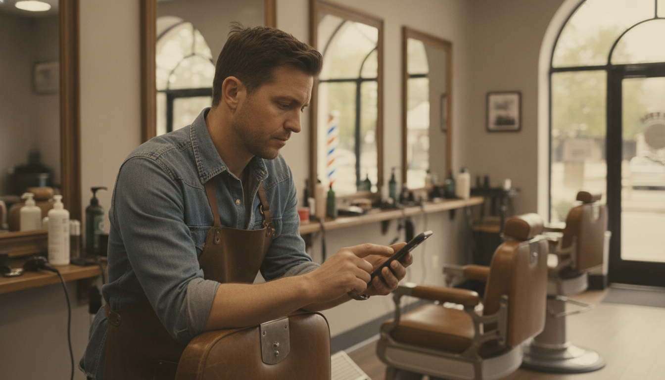 A barbershop owner reviewing his booking schedule on his phone between appointments