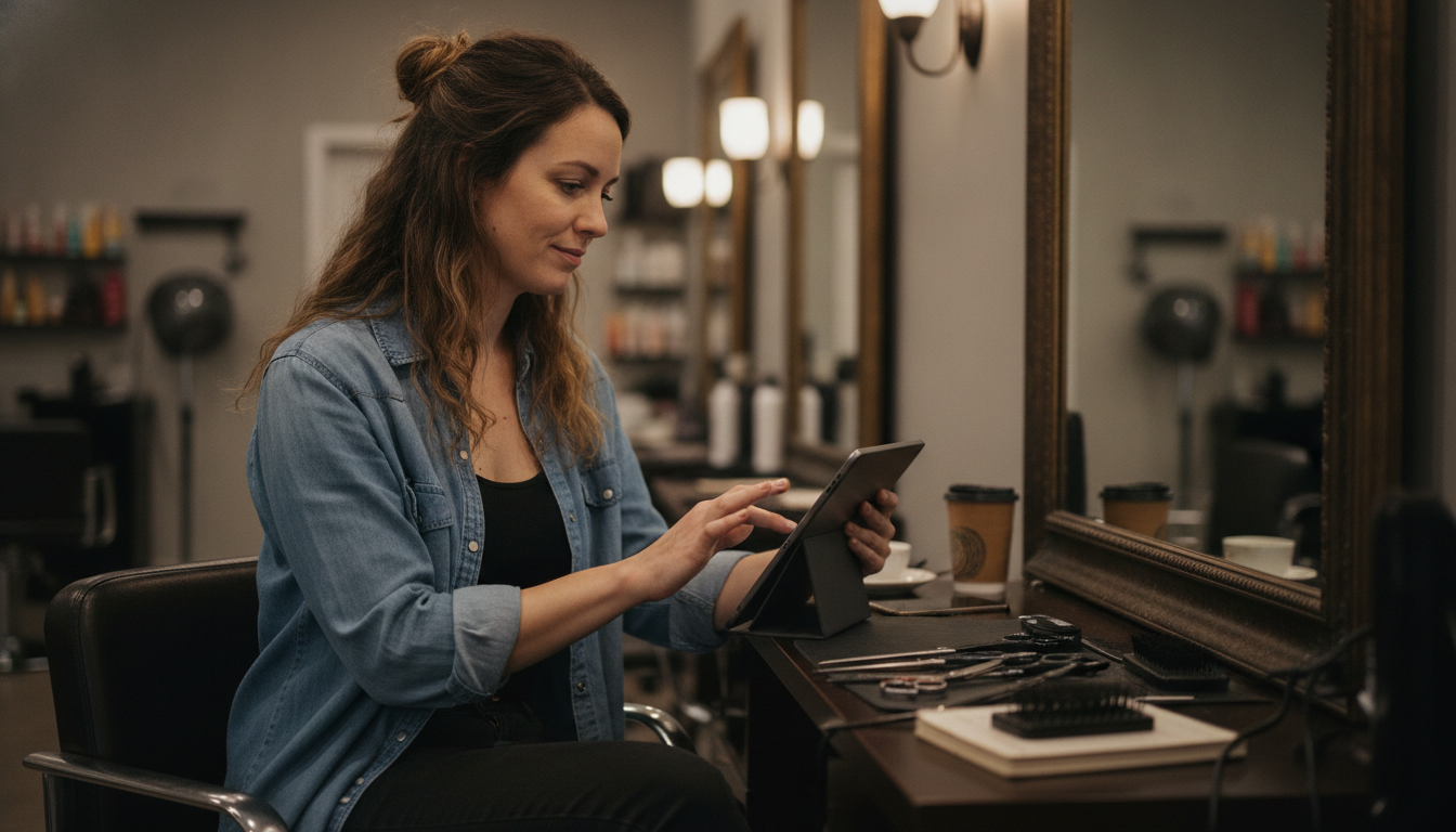 Hair salon owner planning her weekly social media content at her styling station