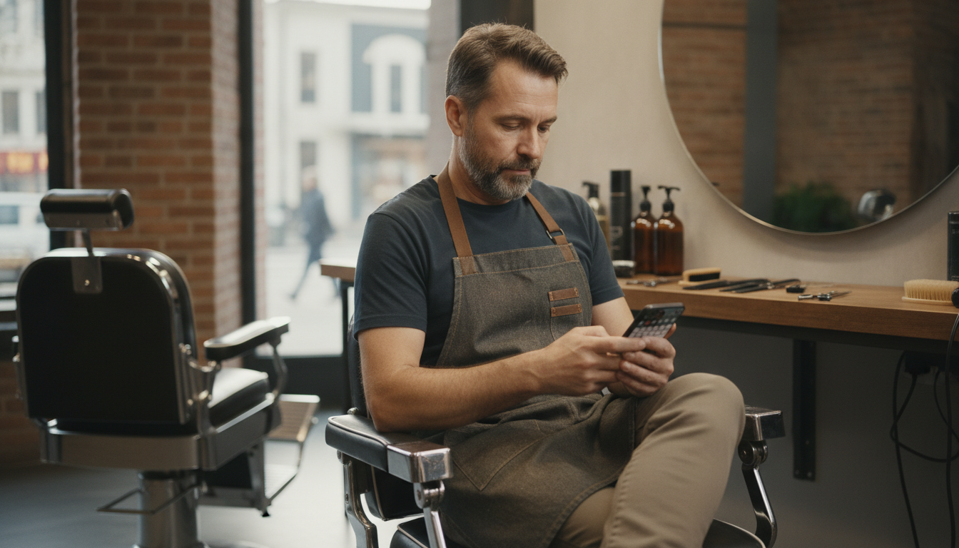 Barbershop owner reviewing pre-scheduled marketing campaigns during a quiet period