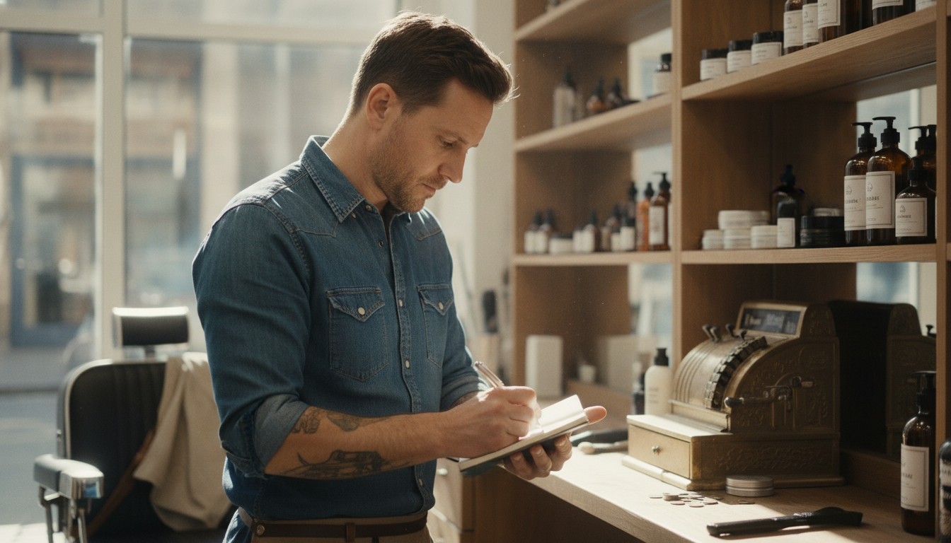 Barbershop owner planning seasonal offers at his workstation