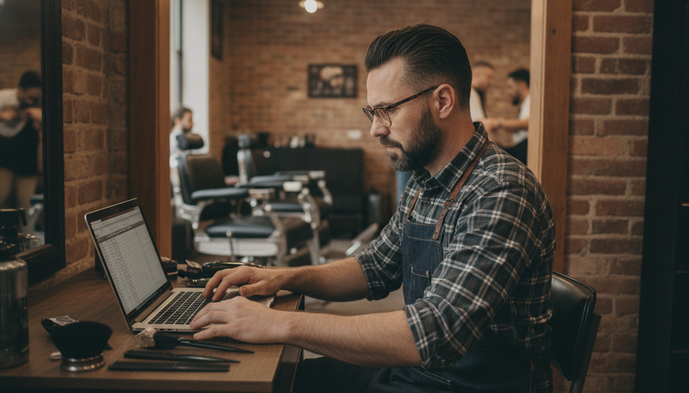 Barbershop owner reviewing customer visit data between appointments