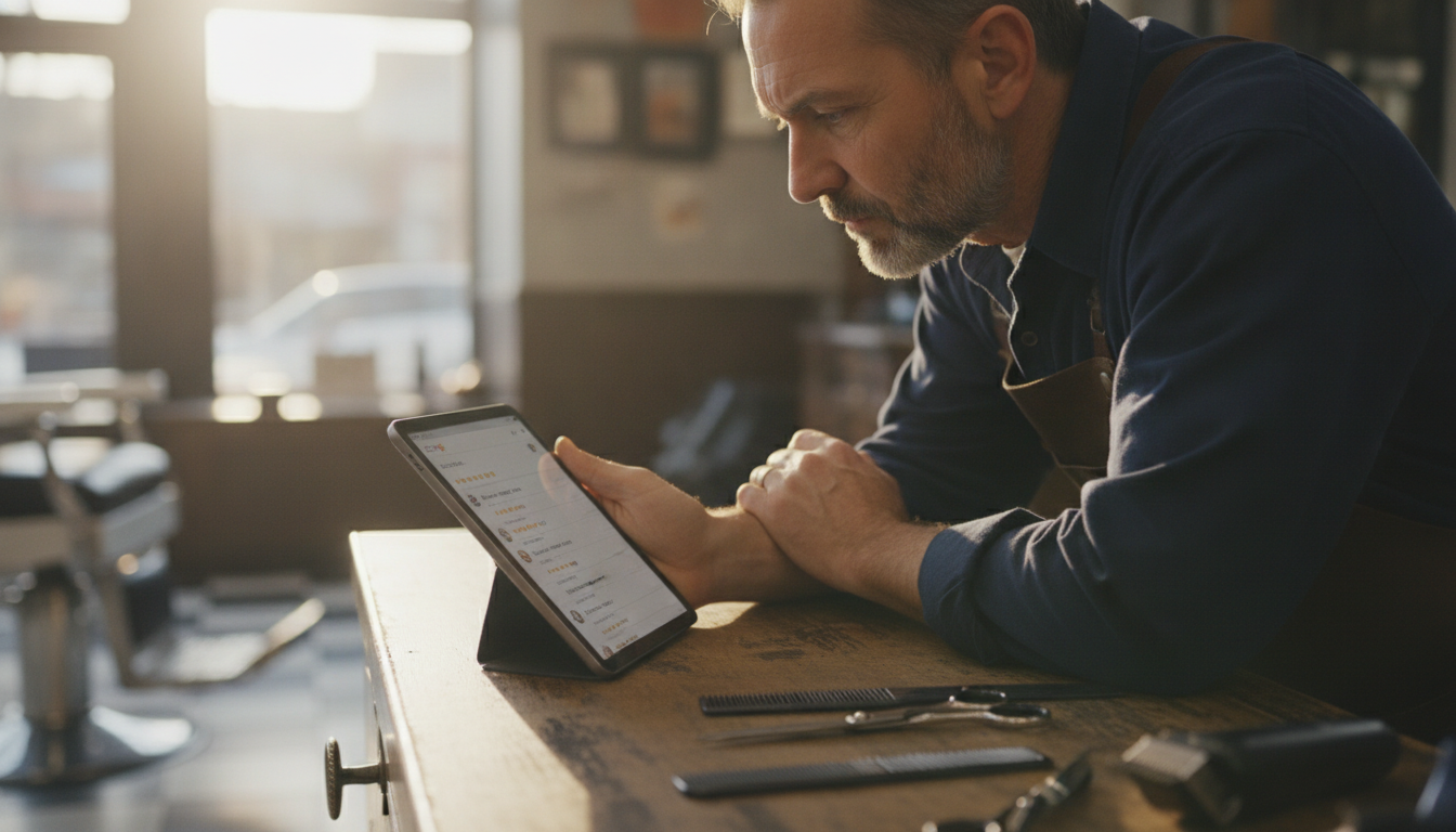 A barbershop owner reviewing his Google Business Profile on a tablet at his front desk