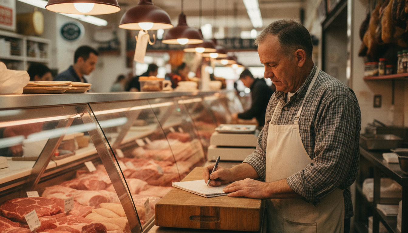 Butcher shop owner reviewing customer notes behind the counter