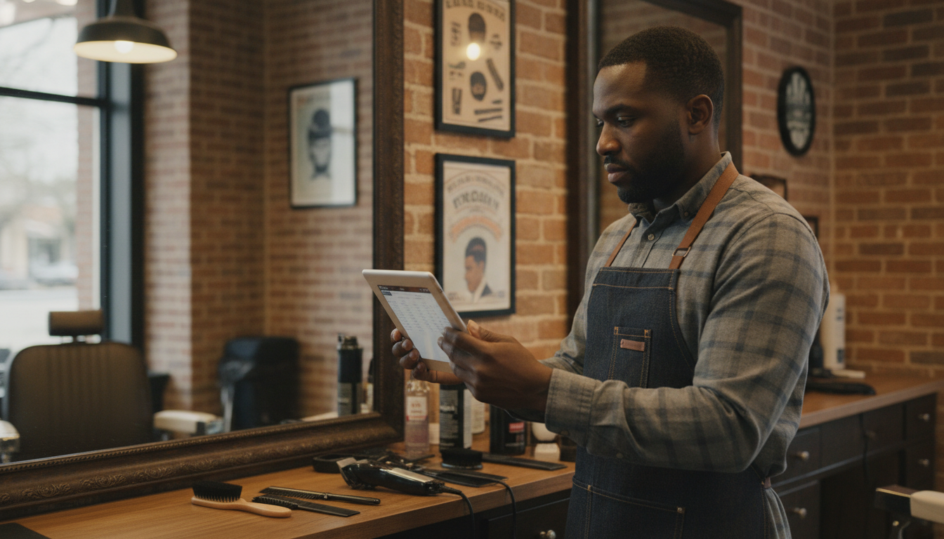 Barbershop owner reviewing customer return data on a tablet in his Austin shop