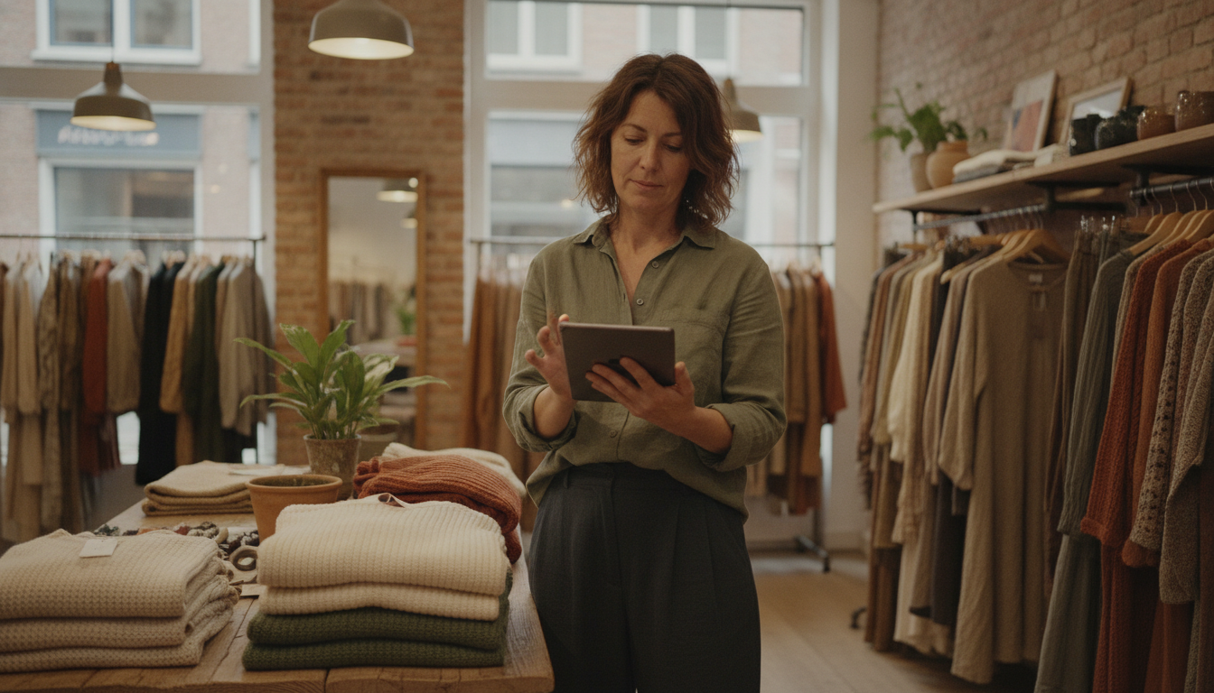 A boutique clothing store owner reviewing her weekly marketing plan on a tablet among her shop displays